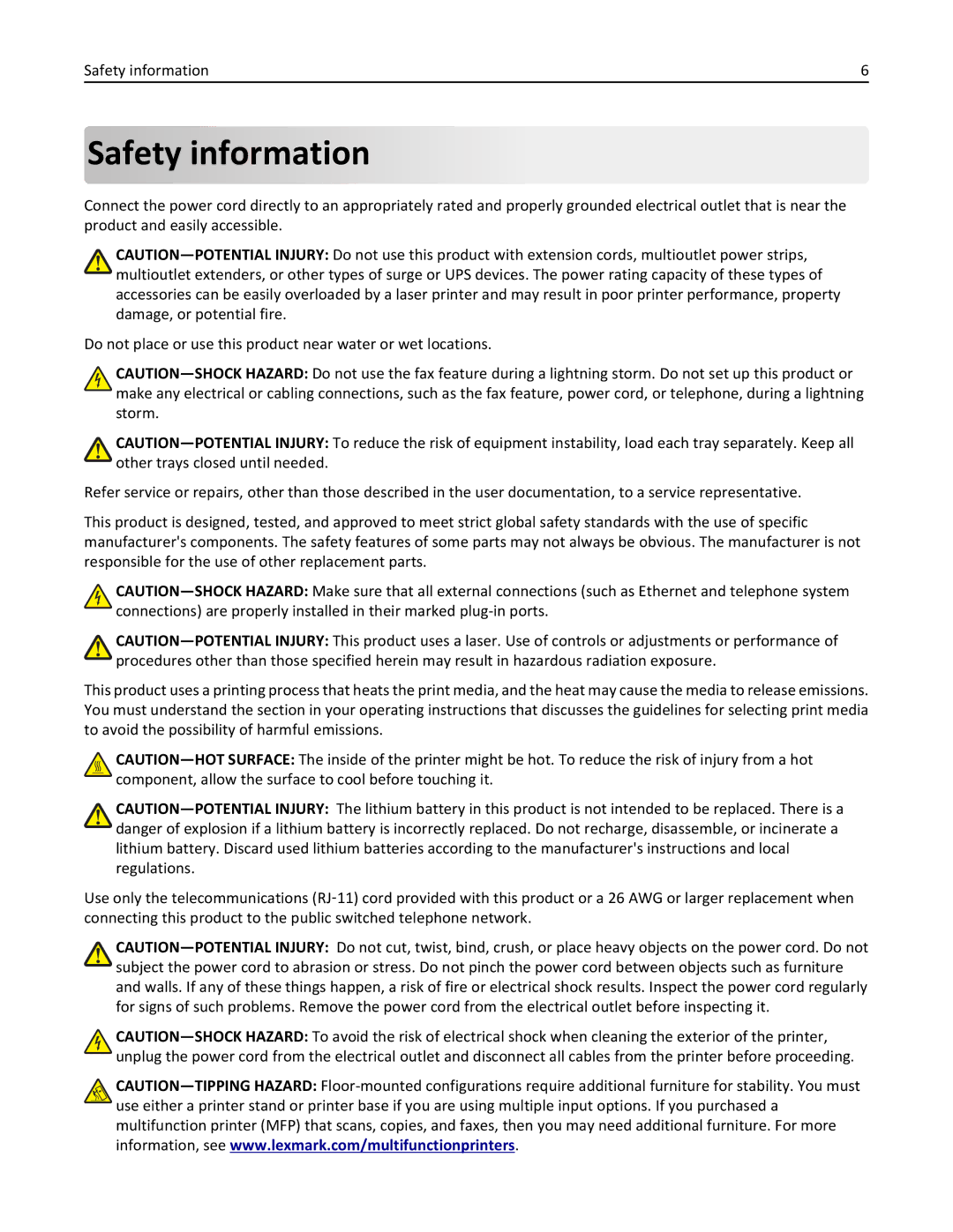 Lexmark 279 manual Safety information 