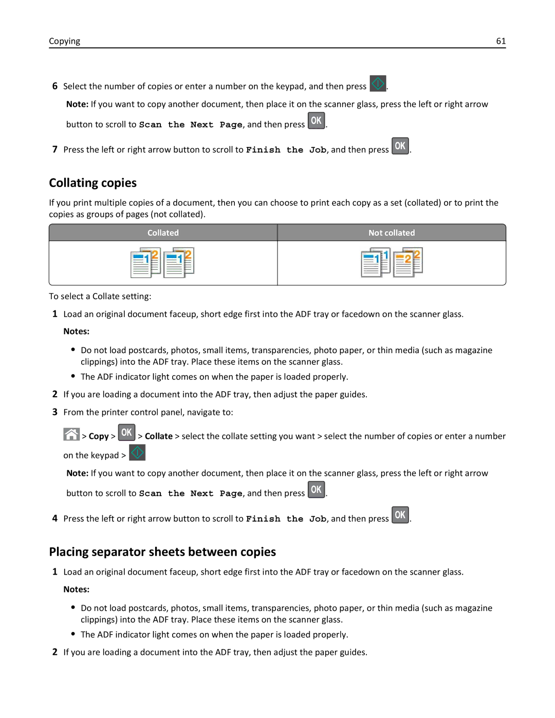 Lexmark 279 manual Collating copies, Placing separator sheets between copies, Collated Not collated 