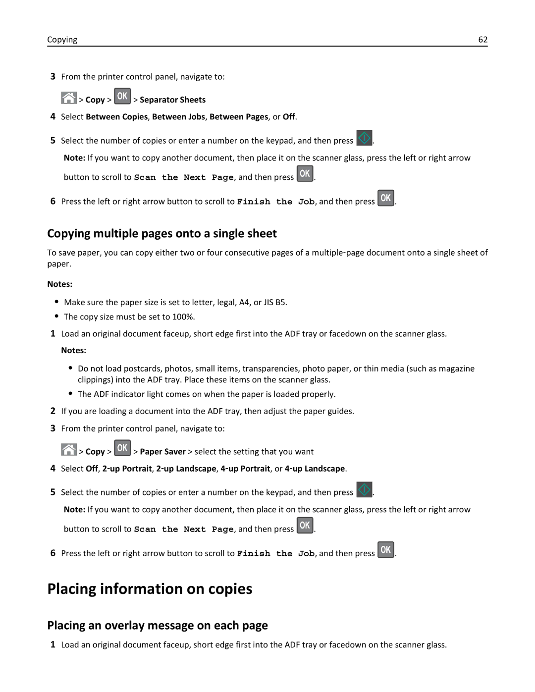 Lexmark 279 Placing information on copies, Copying multiple pages onto a single sheet, Placing an overlay message on each 