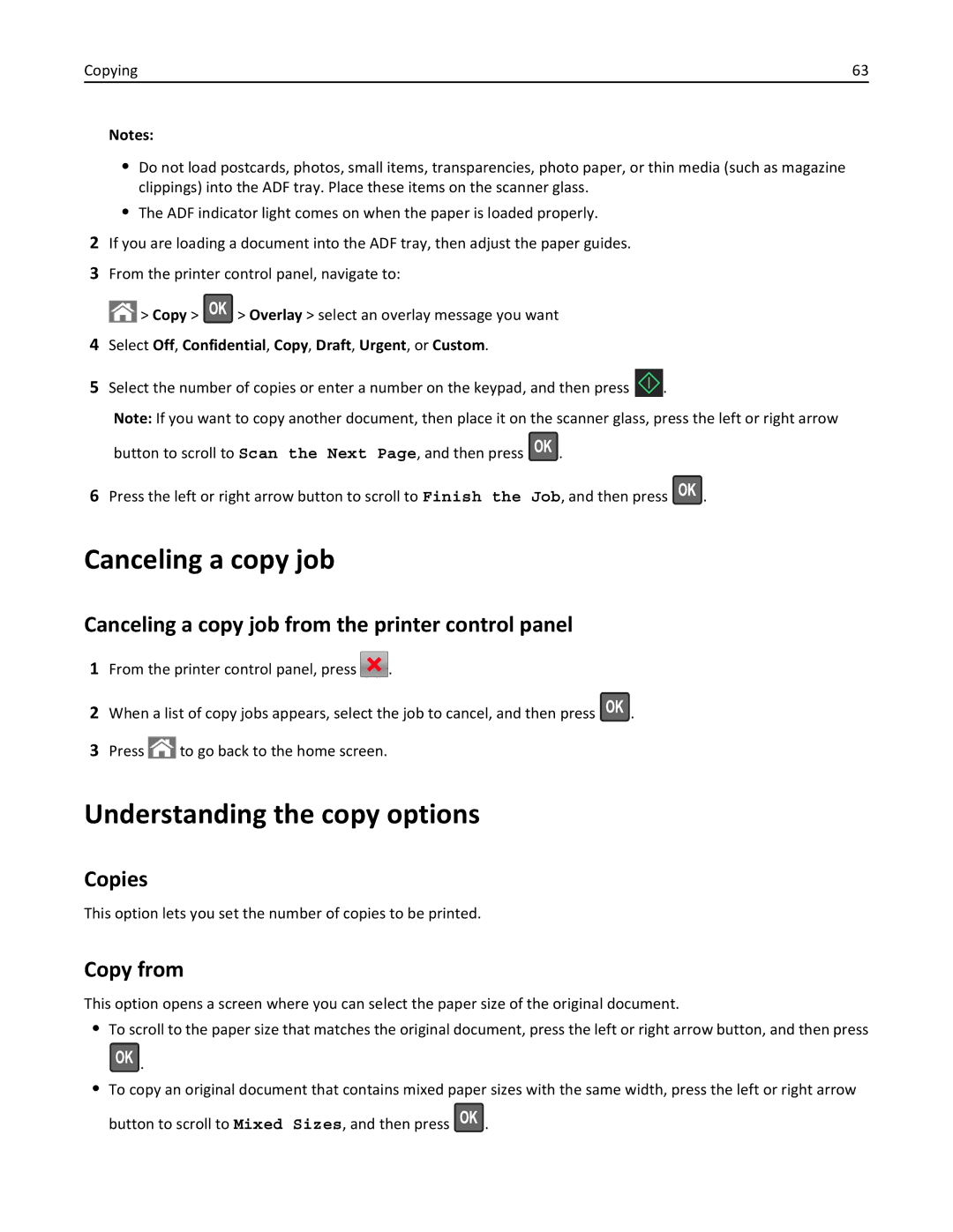 Lexmark 279 Understanding the copy options, Canceling a copy job from the printer control panel, Copies, Copy from 