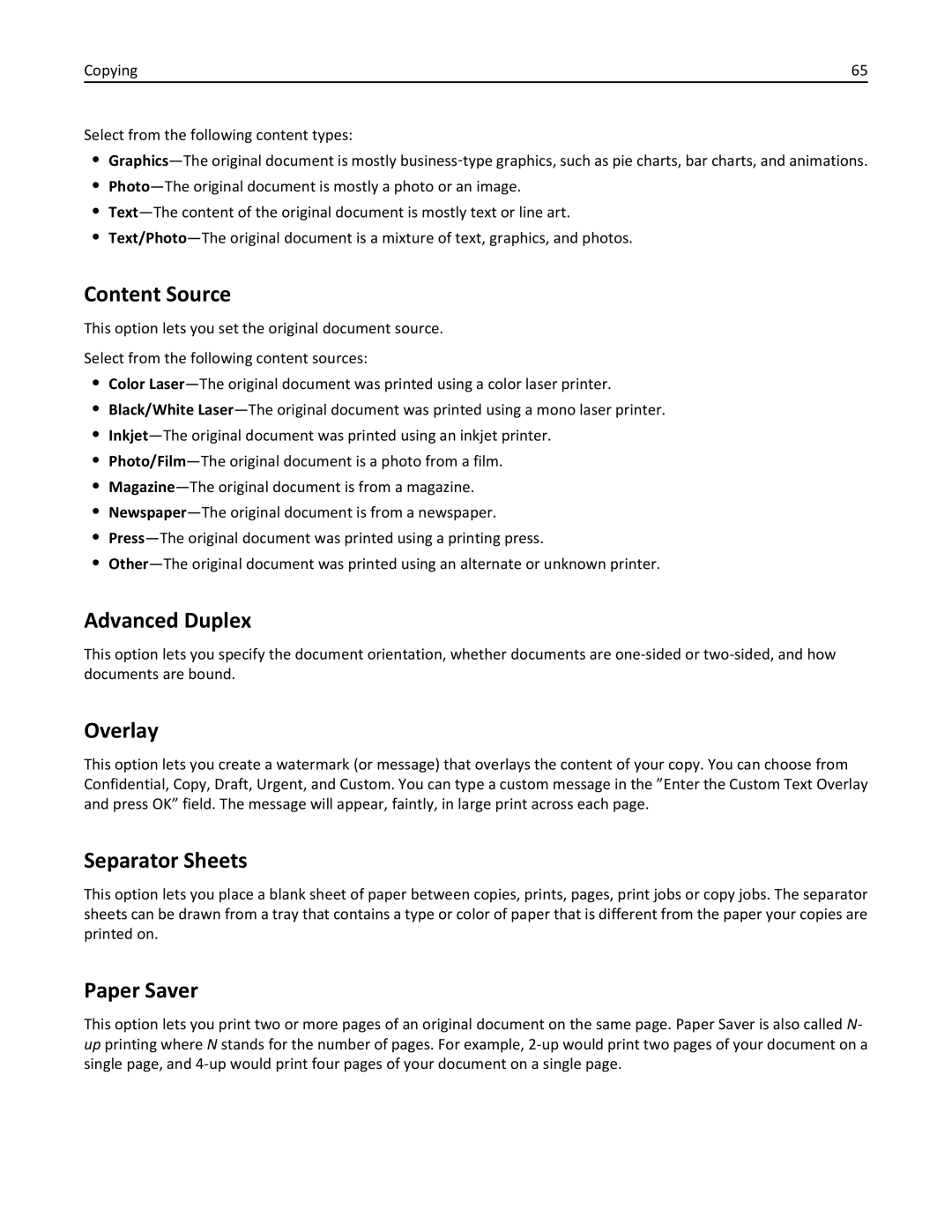 Lexmark 279 manual Content Source, Advanced Duplex, Overlay, Separator Sheets, Paper Saver 