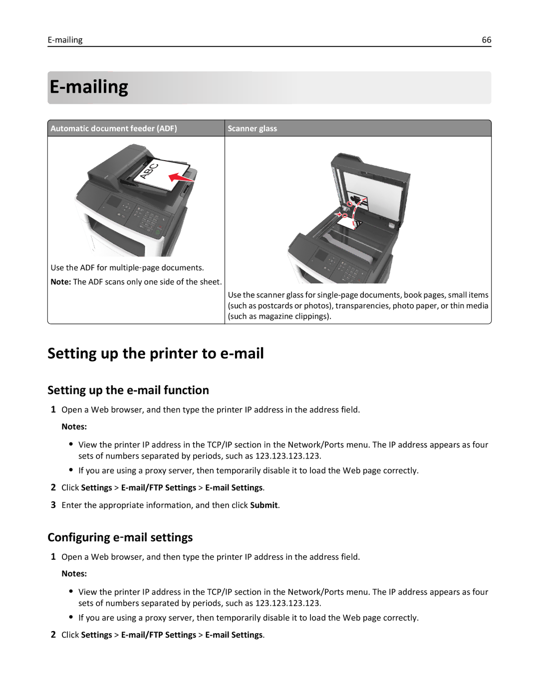 Lexmark 279 manual Mailing, Setting up the printer to e-mail, Setting up the e-mail function, Configuring e‑mail settings 