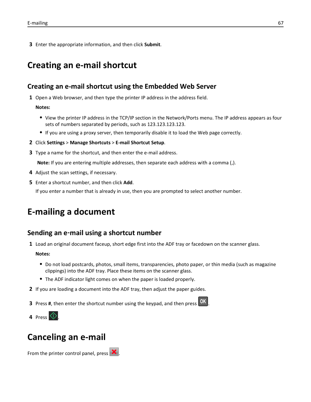 Lexmark 279 manual Creating an e-mail shortcut, Mailing a document, Canceling an e-mail 