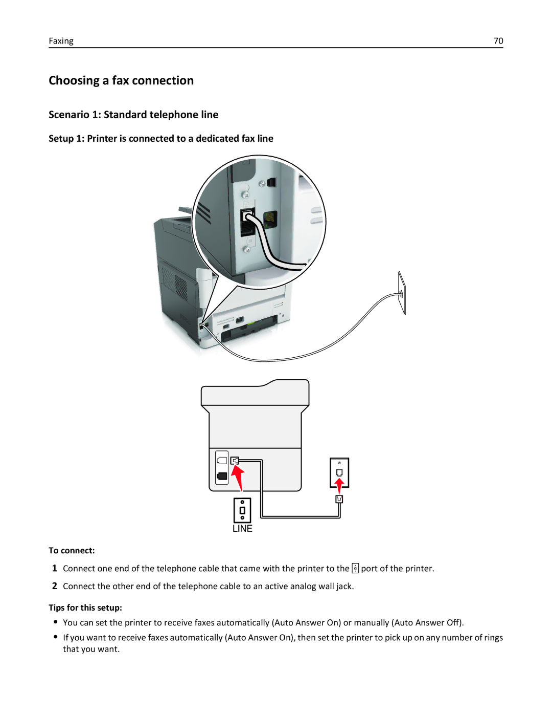 Lexmark 279 manual Choosing a fax connection, Scenario 1 Standard telephone line, To connect, Tips for this setup 