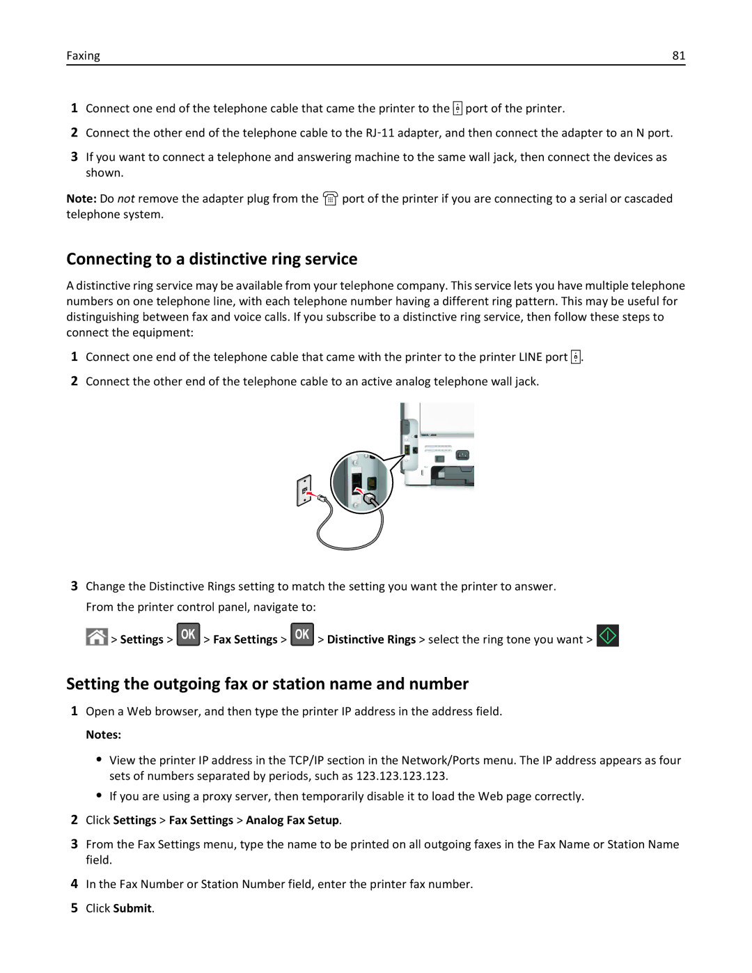 Lexmark 279 manual Connecting to a distinctive ring service, Setting the outgoing fax or station name and number 