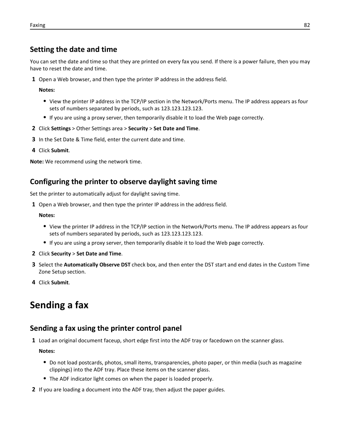 Lexmark 279 manual Sending a fax, Setting the date and time, Configuring the printer to observe daylight saving time 