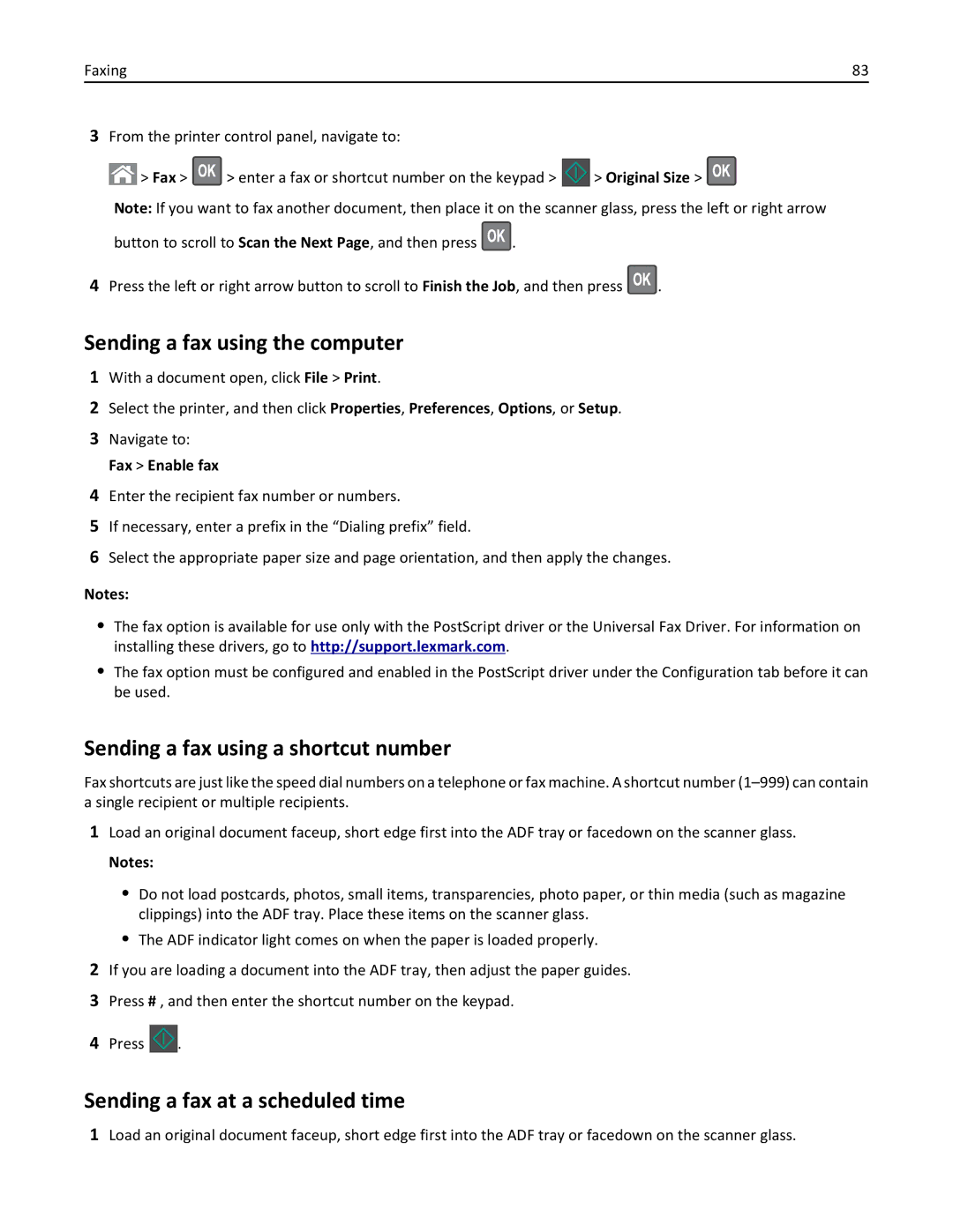 Lexmark 279 Sending a fax using the computer, Sending a fax using a shortcut number, Sending a fax at a scheduled time 