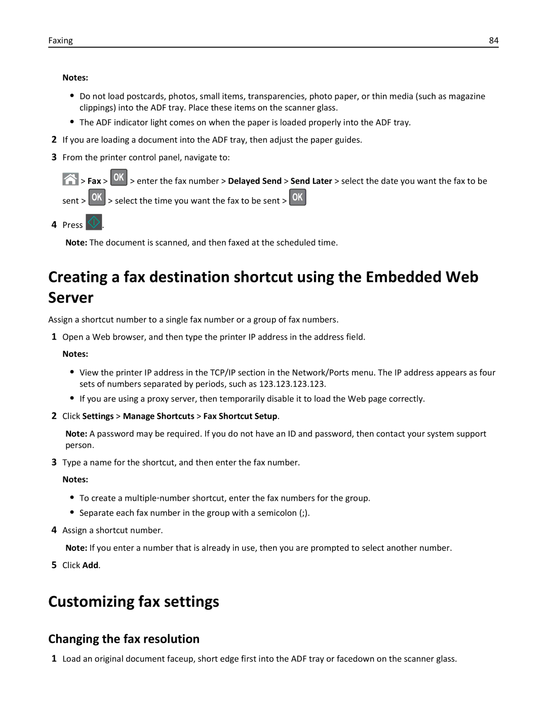 Lexmark 279 Customizing fax settings, Changing the fax resolution, Click Settings Manage Shortcuts Fax Shortcut Setup 