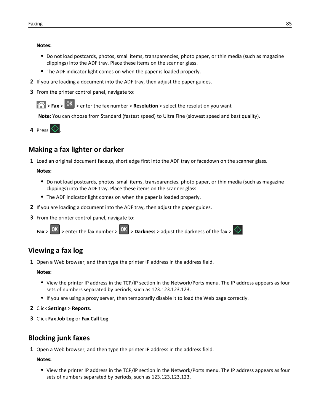 Lexmark 279 manual Making a fax lighter or darker, Viewing a fax log, Blocking junk faxes 