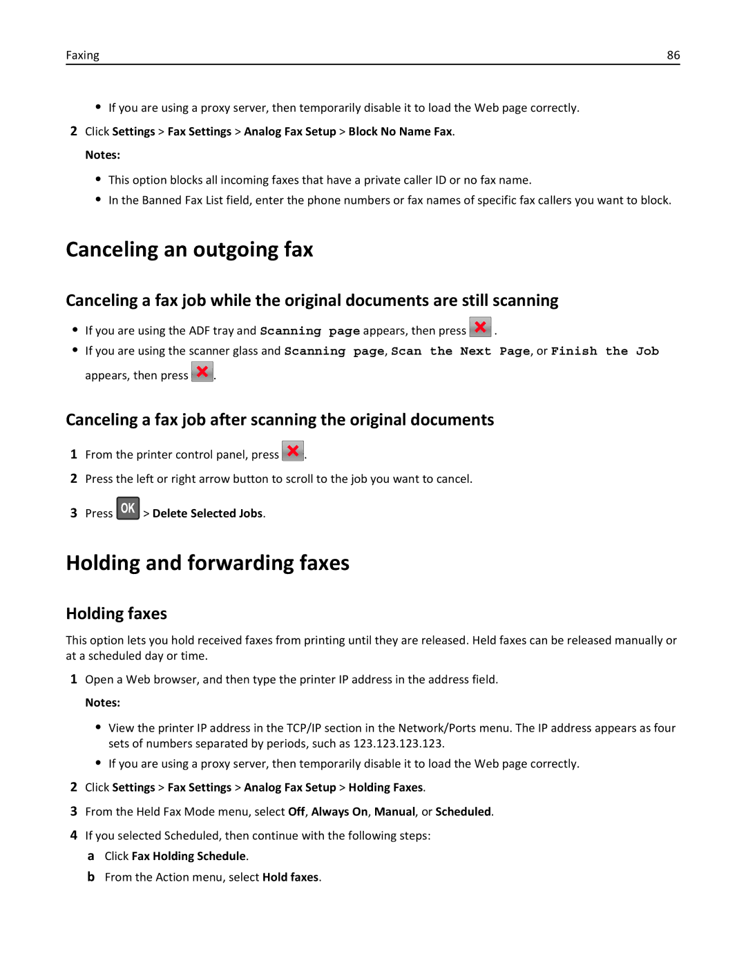 Lexmark 279 manual Canceling an outgoing fax, Holding and forwarding faxes, Holding faxes 