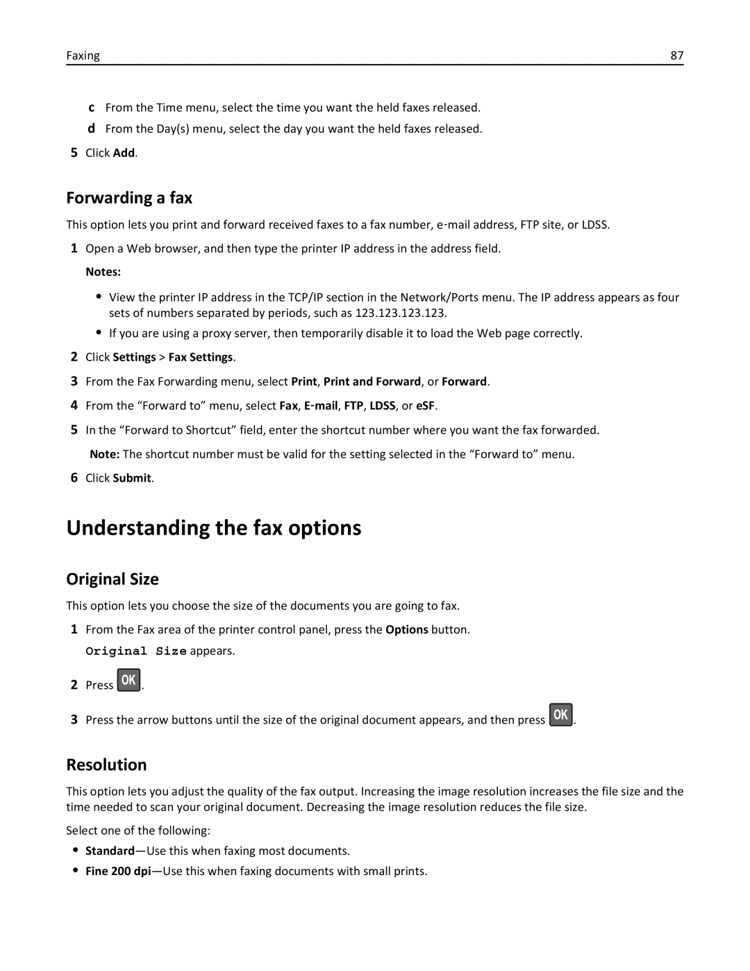 Lexmark 279 manual Understanding the fax options, Forwarding a fax, Original Size, Resolution, Click Settings Fax Settings 