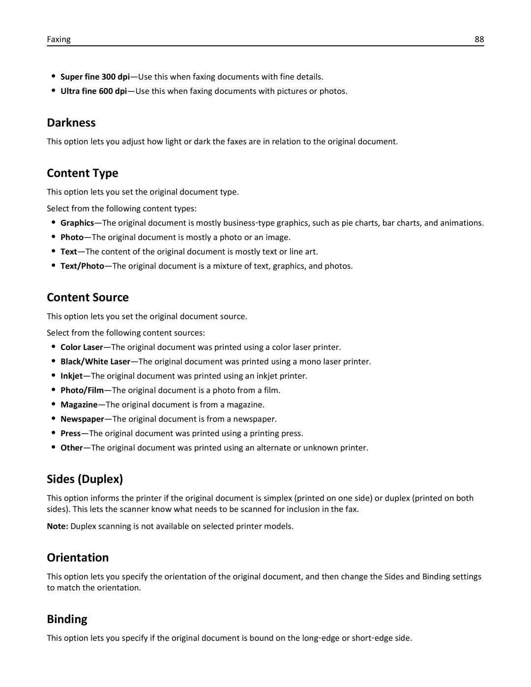 Lexmark 279 manual Orientation, Binding 