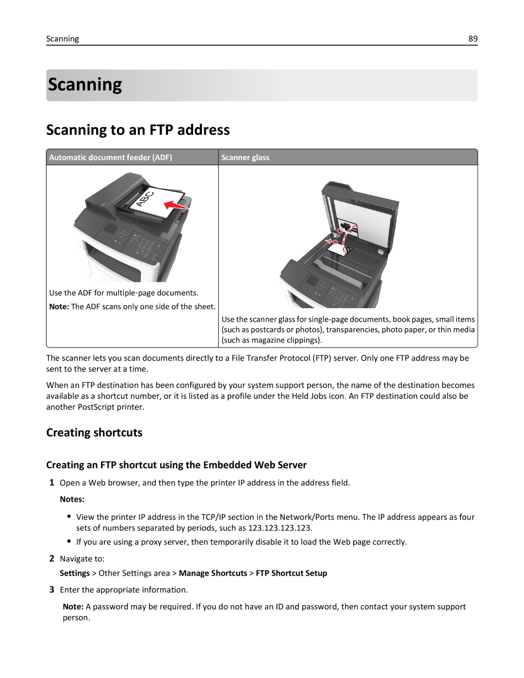 Lexmark 279 Scanning to an FTP address, Creating shortcuts, Creating an FTP shortcut using the Embedded Web Server 