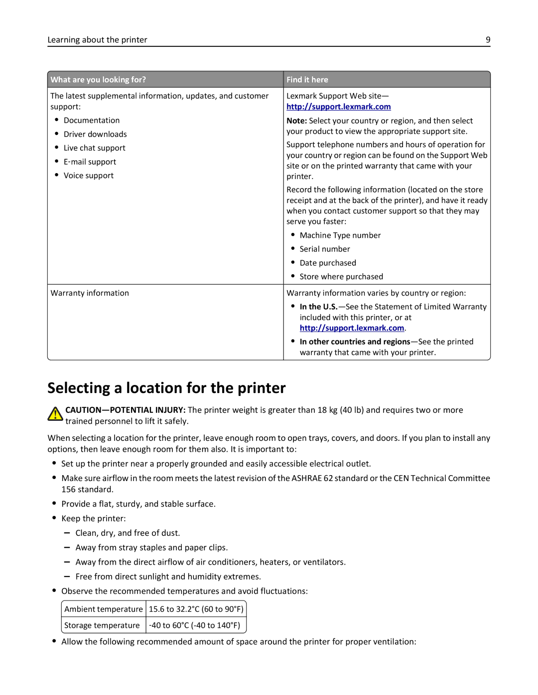 Lexmark 279 manual Selecting a location for the printer, Other countries and regions-See the printed 