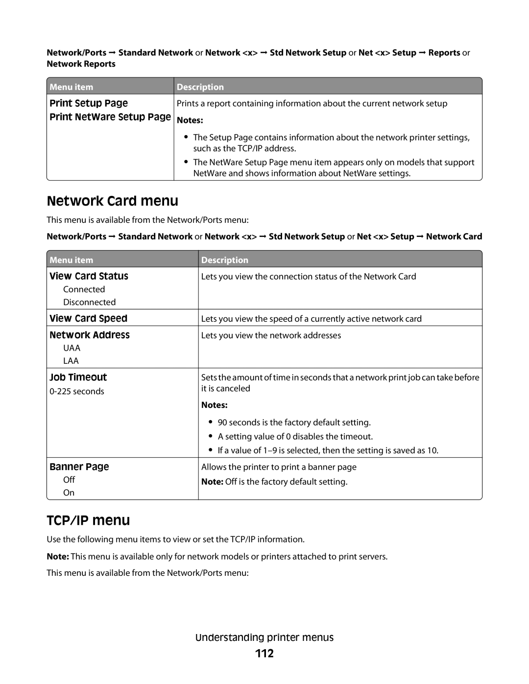 Lexmark 654dn, 30G2127, 30G0108, 30G0210, 30G0200, 30G2259, 30G0100, 30G0213, 30G0300, 30G2000 Network Card menu, TCP/IP menu, 112 