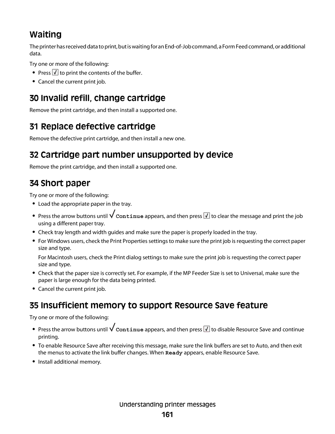 Lexmark 30G0108, 30G2127, 30G0210, 654dn Waiting, Invalid refill, change cartridge, Replace defective cartridge, Short paper 