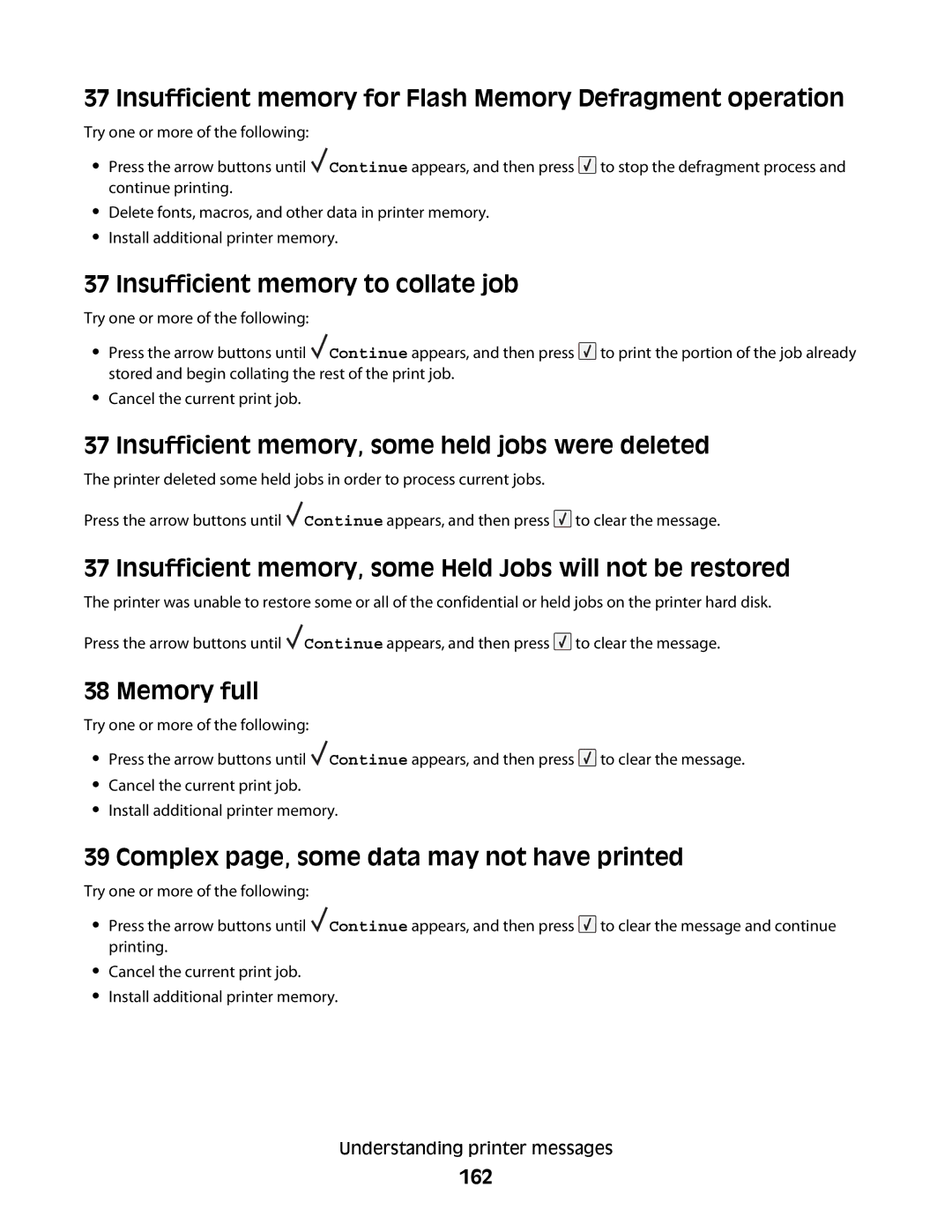 Lexmark 30G0210 Insufficient memory for Flash Memory Defragment operation, Insufficient memory to collate job, Memory full 