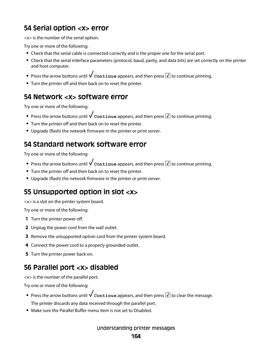 Lexmark 30G2259 Serial option x error, Network x software error, Standard network software error, Parallel port x disabled 