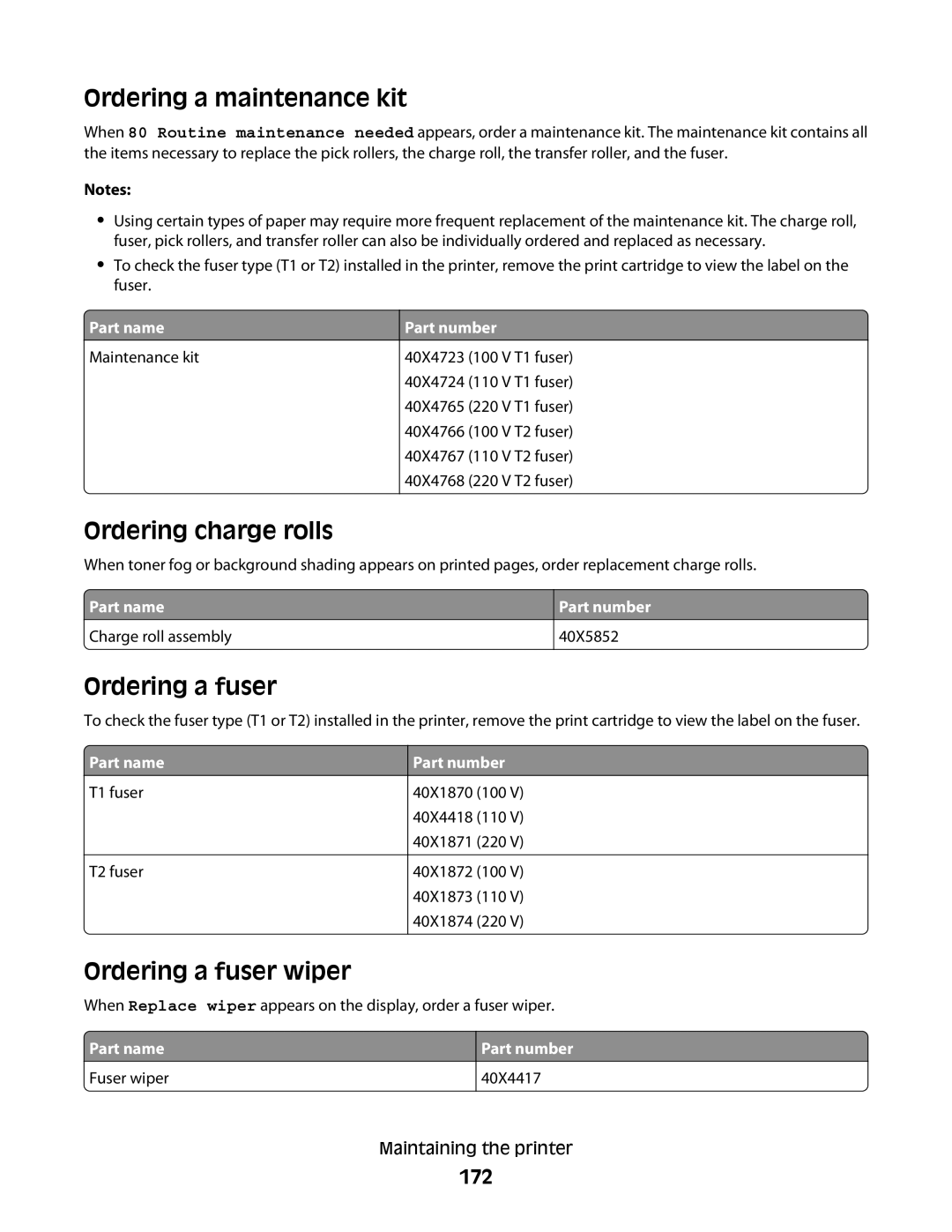 Lexmark 654dn, 30G2127, 30G0108, 30G0210 Ordering a maintenance kit, Ordering charge rolls, Ordering a fuser wiper, 172 