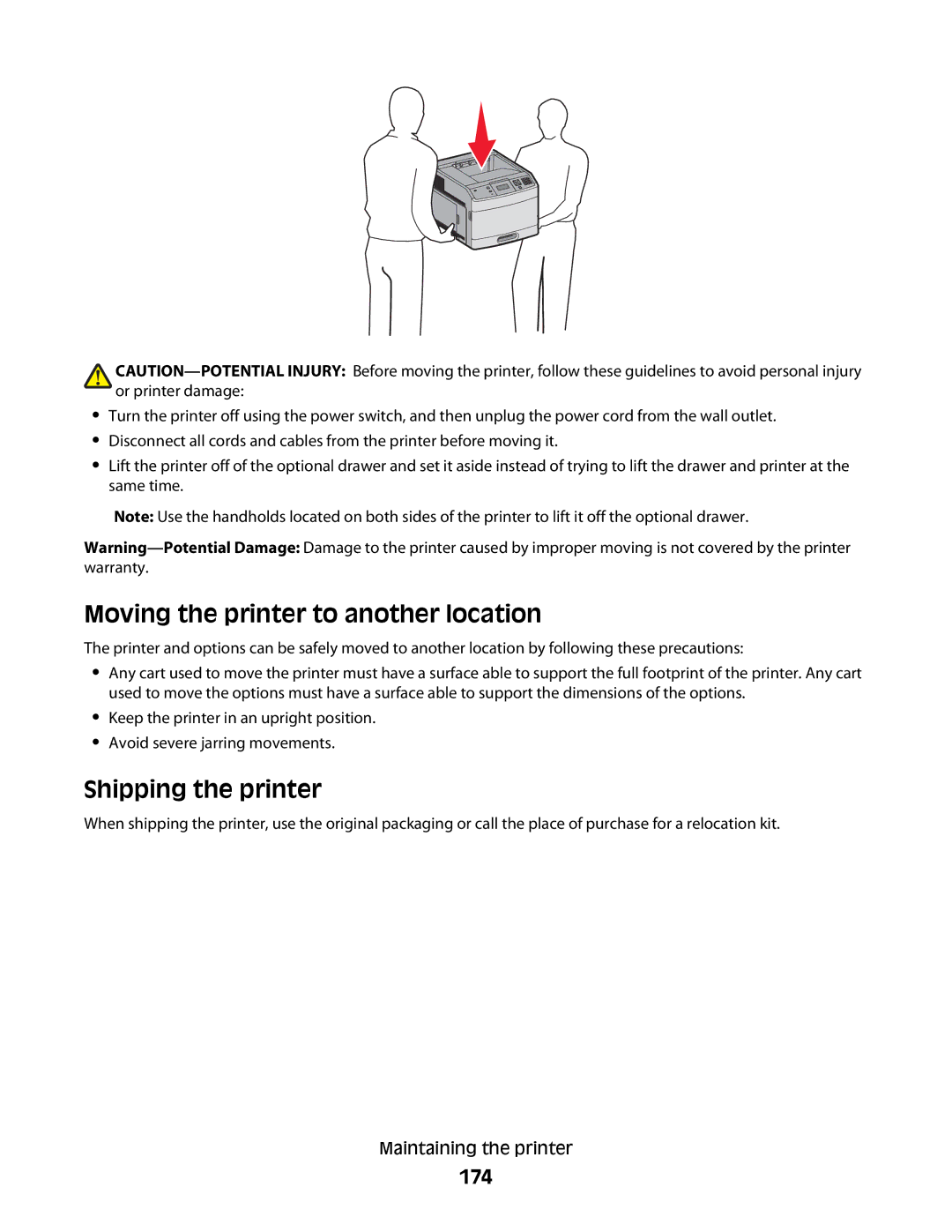 Lexmark 652dn, 30G2127, 30G0108, 30G0210, 30G0200, 30G2259 Moving the printer to another location, Shipping the printer, 174 