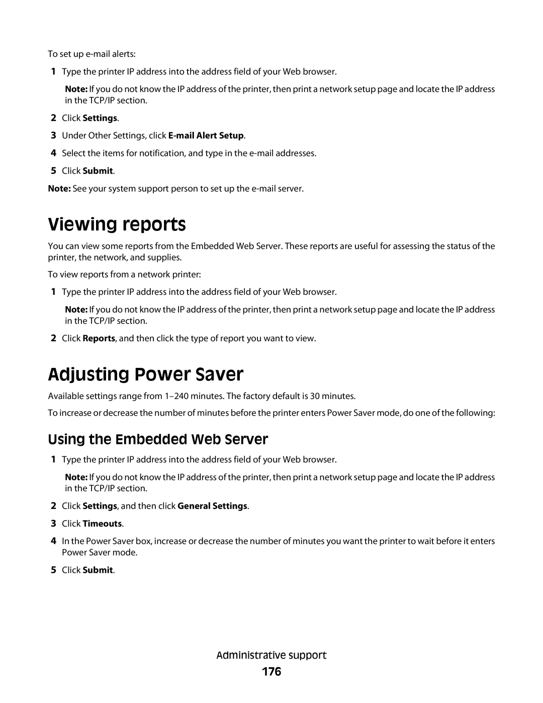 Lexmark T650, 30G2127, 30G0108 Viewing reports, Adjusting Power Saver, Using the Embedded Web Server, 176, Click Timeouts 