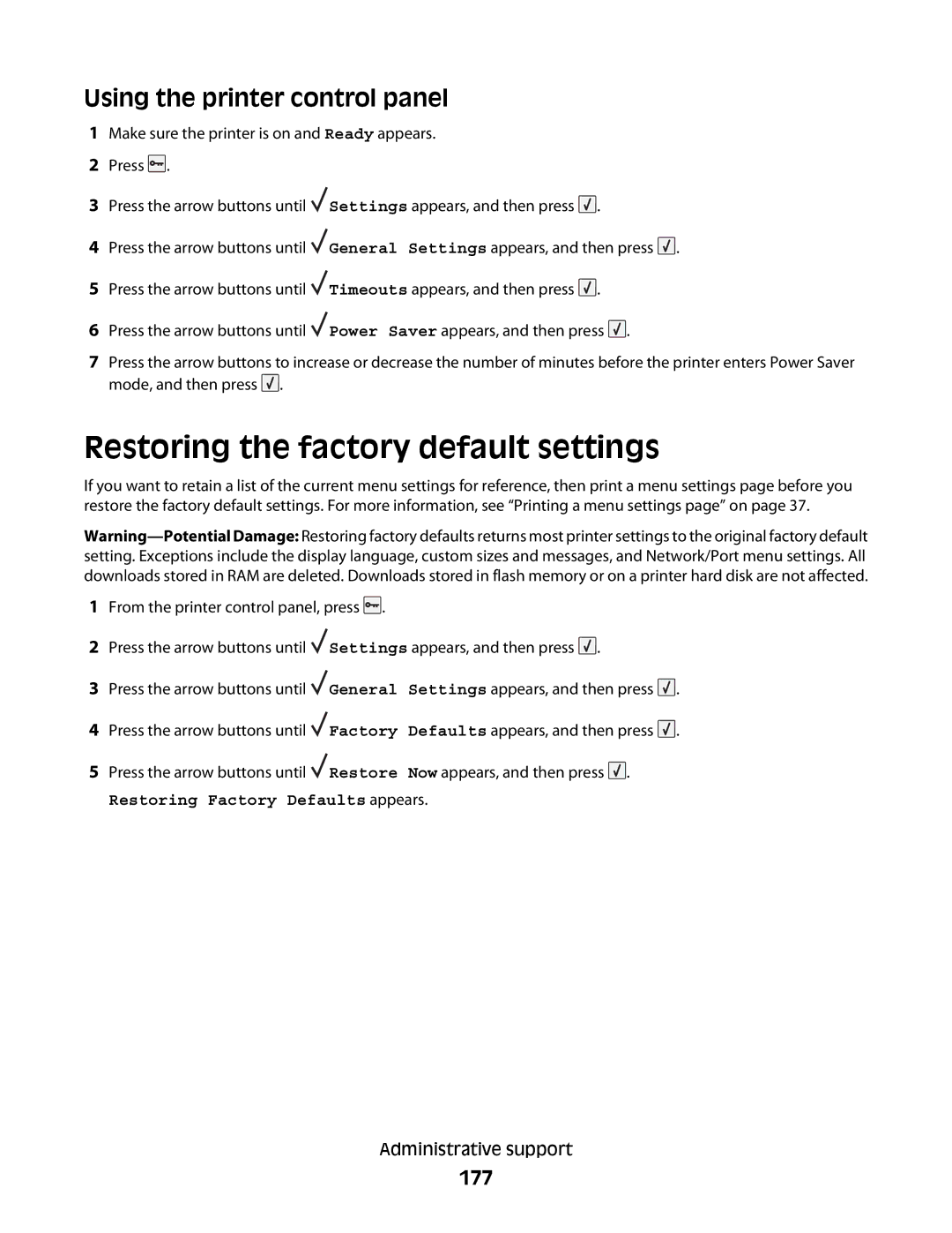 Lexmark T652, 30G2127, 30G0108, 30G0210, 30G0200 Restoring the factory default settings, Using the printer control panel, 177 