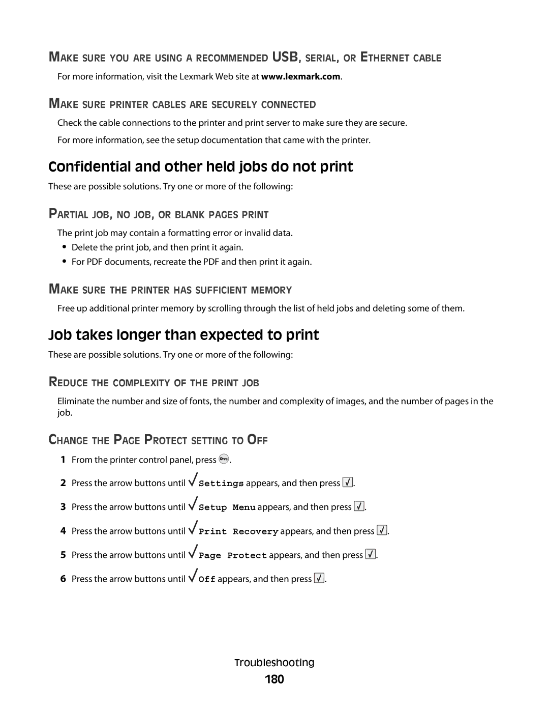 Lexmark 30G2127, 30G0108, 654dn Confidential and other held jobs do not print, Job takes longer than expected to print, 180 