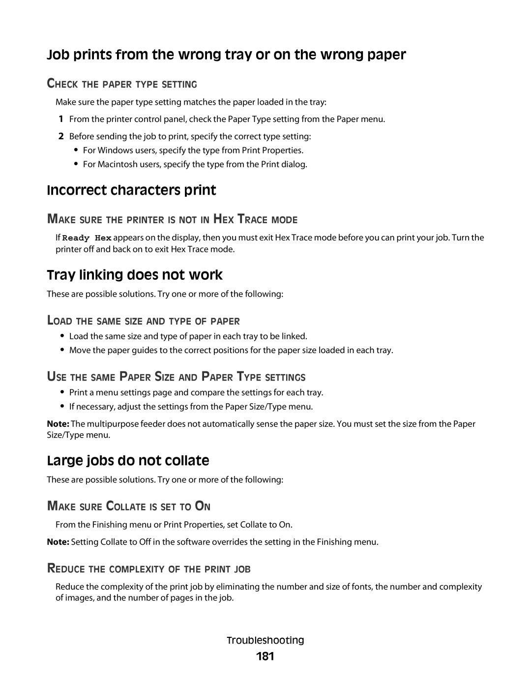 Lexmark 30G0108, 30G2127, 30G0210 Job prints from the wrong tray or on the wrong paper, Incorrect characters print, 181 