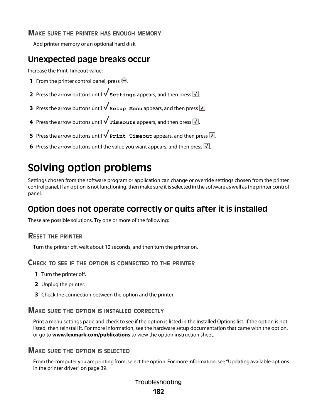 Lexmark 30G0210, 30G2127, 30G0108, 30G0200, 30G2259, 30G0100, 650dtn Solving option problems, Unexpected page breaks occur, 182 