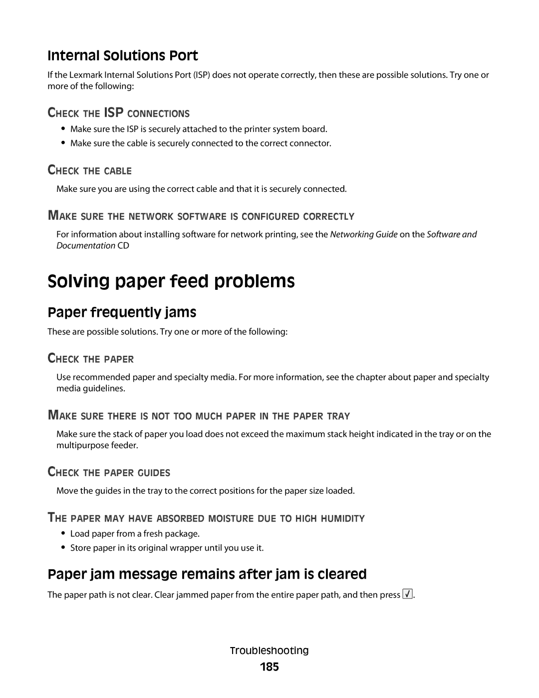 Lexmark 30G0100, 30G2127, 30G0108, 30G0210 Solving paper feed problems, Internal Solutions Port, Paper frequently jams, 185 