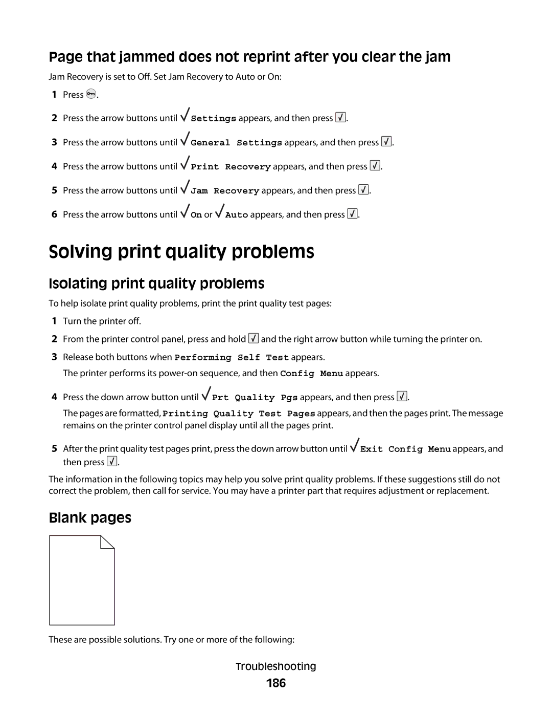 Lexmark 30G0213 Solving print quality problems, That jammed does not reprint after you clear the jam, Blank pages, 186 