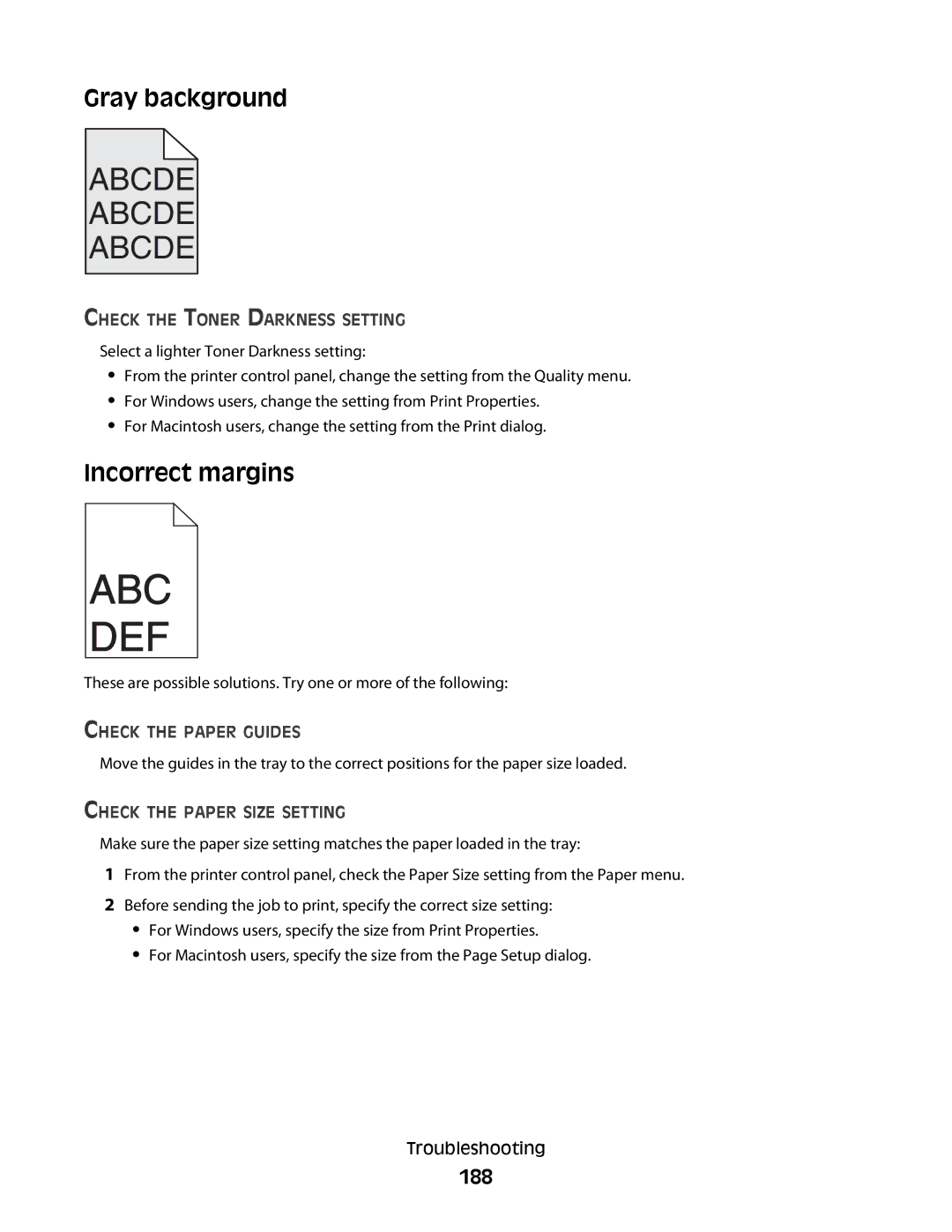 Lexmark 30G2000, 30G2127, 30G0108, 30G0210, 30G0200 Gray background, Incorrect margins, 188, Check the Toner Darkness Setting 