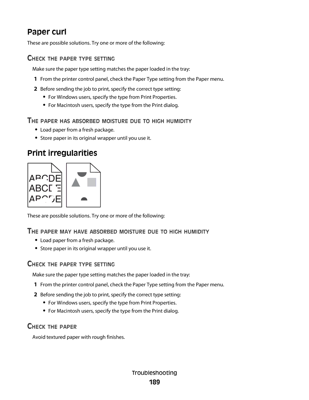 Lexmark 30G0310, 30G2127, 30G0108 Paper curl, Print irregularities, 189, Paper has Absorbed Moisture DUE to High Humidity 