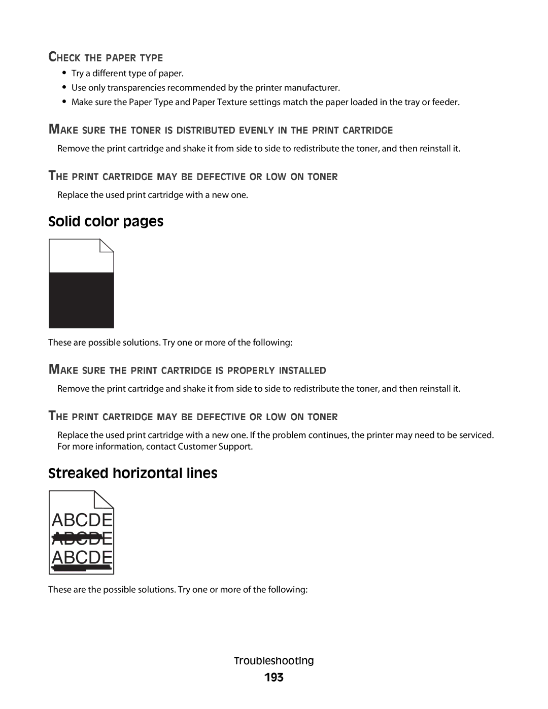 Lexmark 652n, 30G2127, 30G0108, 30G0210, 30G0200, 30G2259, 30G0100, 30G0213 Solid color pages, Streaked horizontal lines, 193 