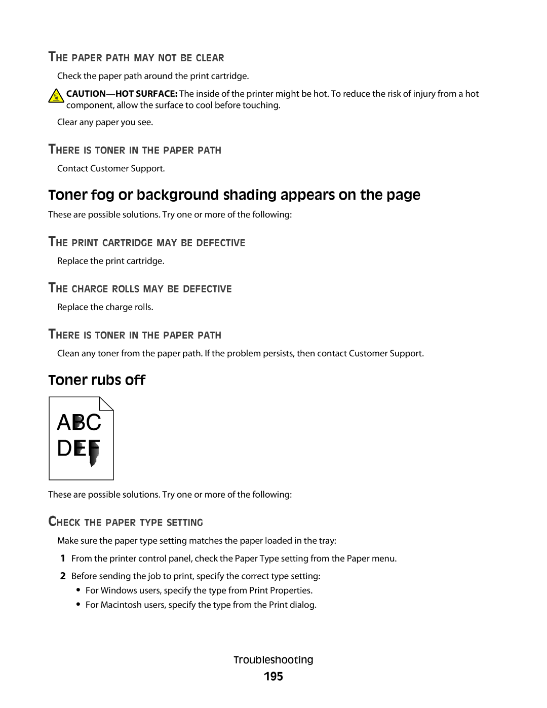 Lexmark 654n, 30G2127, 654dn Toner fog or background shading appears on, Toner rubs off, 195, Charge Rolls MAY be Defective 