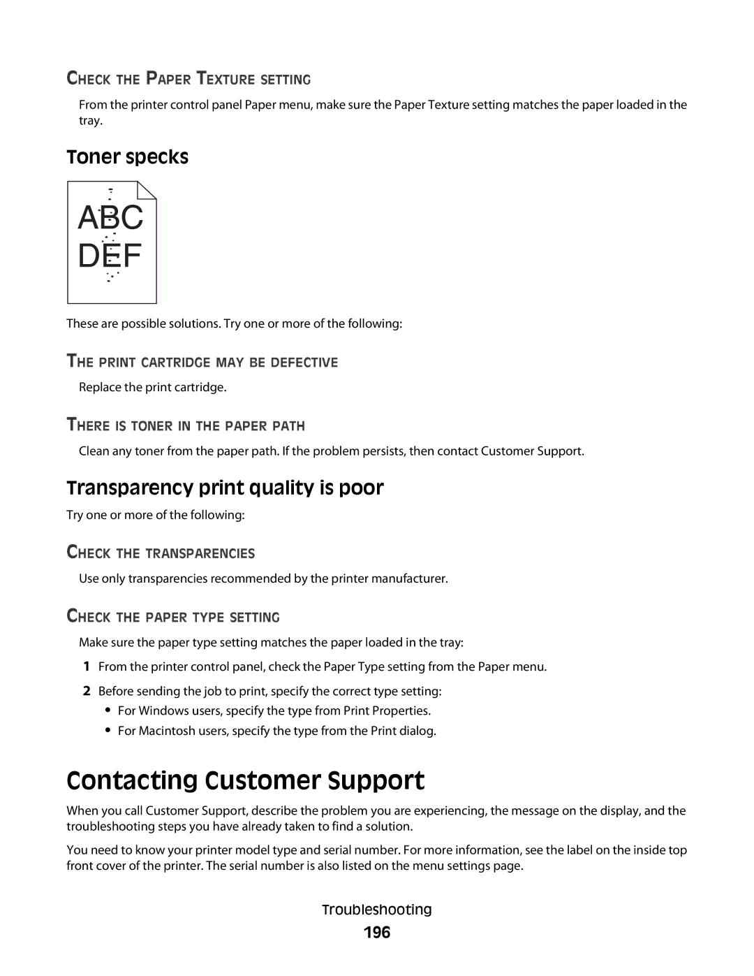 Lexmark T650, 30G2127, 30G0108, 30G0210 Contacting Customer Support, Toner specks, Transparency print quality is poor, 196 