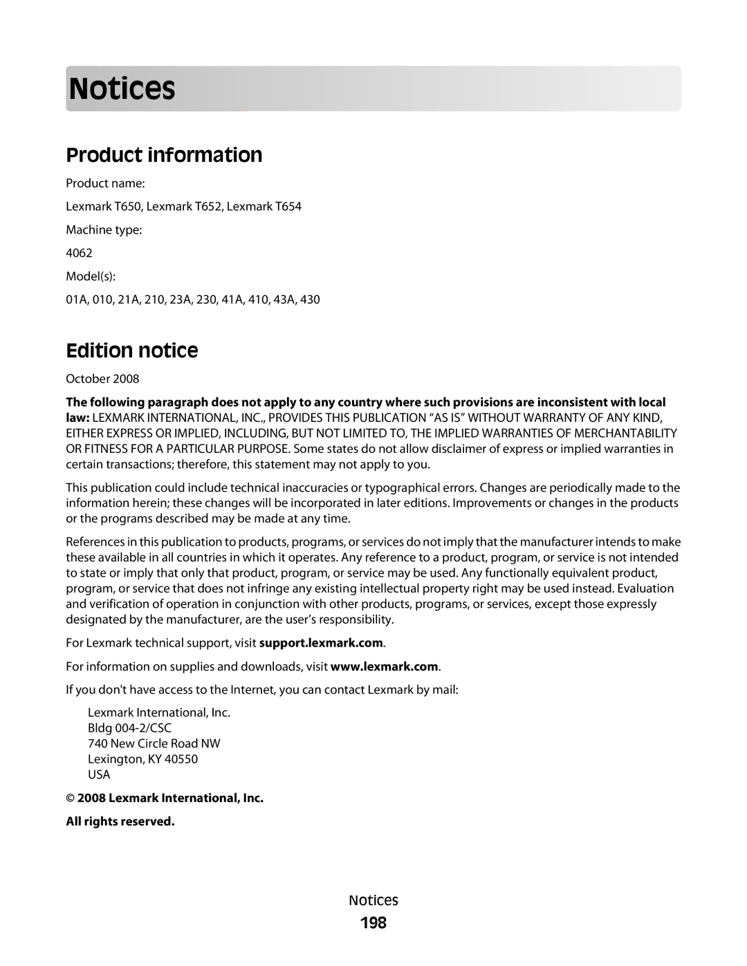 Lexmark T654, 30G2127, 30G0108 Product information, Edition notice, 198, Lexmark International, Inc. All rights reserved 