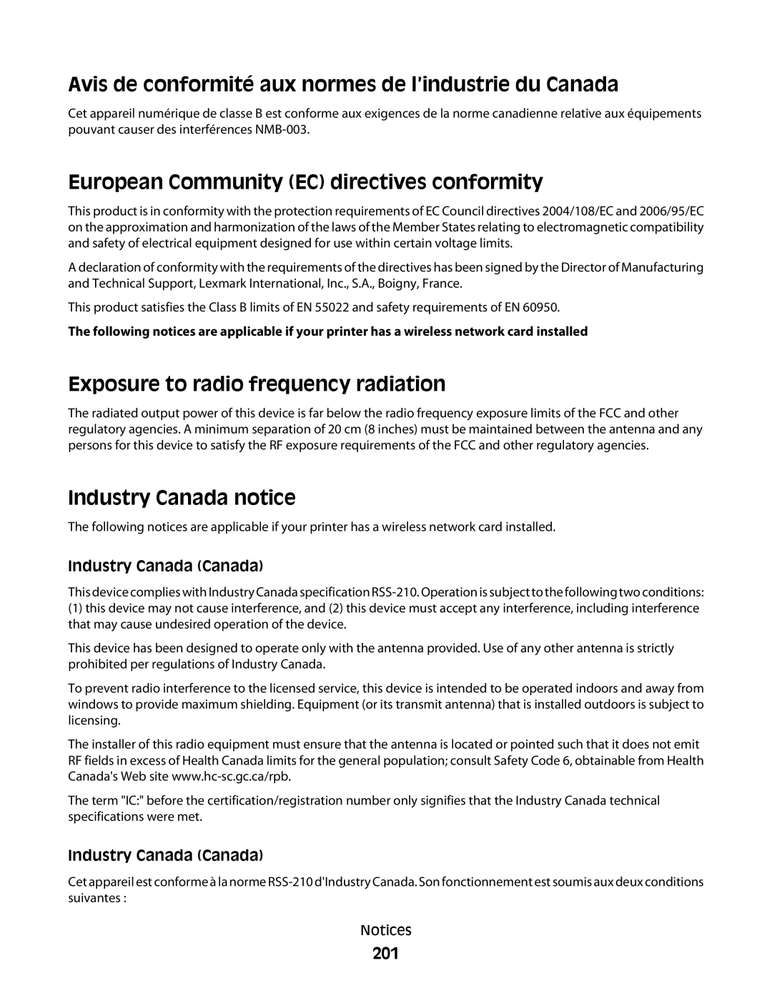 Lexmark 30G0108 Avis de conformité aux normes de l’industrie du Canada, European Community EC directives conformity, 201 