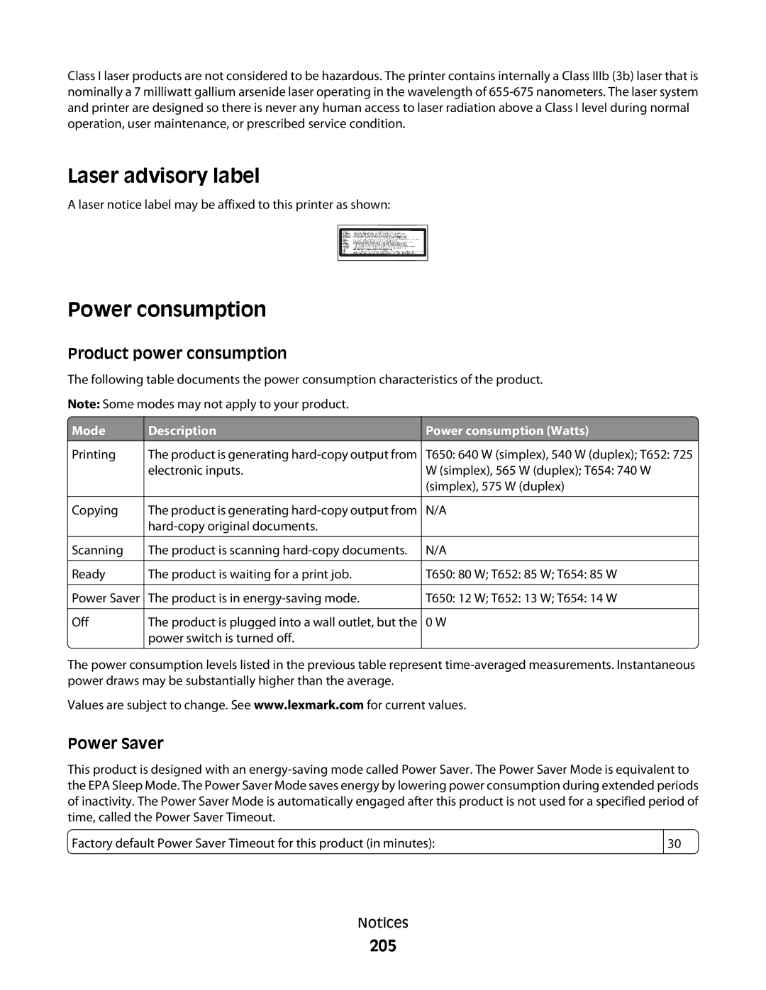 Lexmark 30G0100, 30G2127, 30G0108, 30G0210, 30G0200, 30G2259, 30G0213, 30G0300, 652n Laser advisory label, Power consumption, 205 