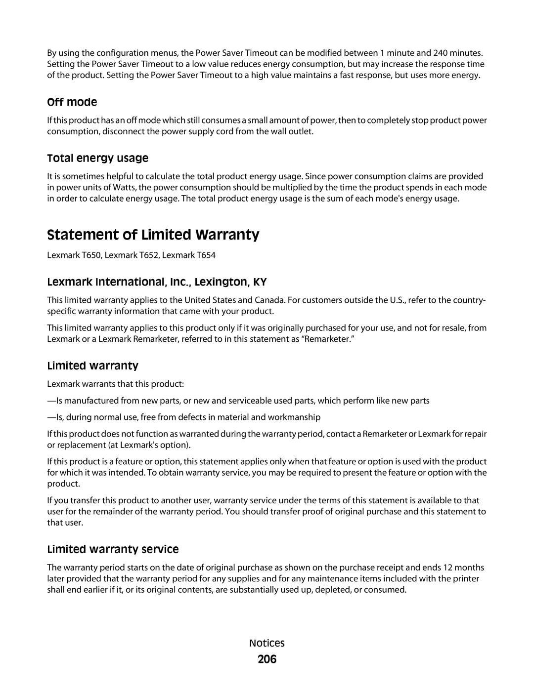 Lexmark 30G0213, 30G2127, 30G0108, 30G0210, 30G0200, 30G2259, 30G0100, 30G0300, 30G2000, 650dtn Statement of Limited Warranty, 206 
