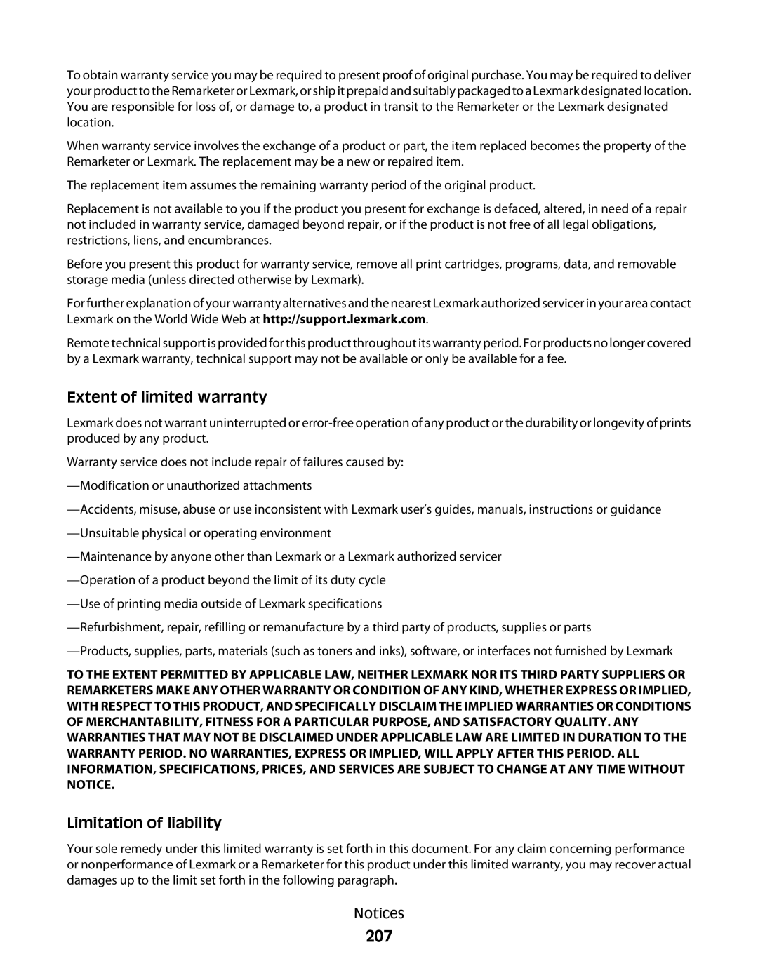 Lexmark 30G0300, 30G2127, 30G0108, 30G0210, 30G0200, 30G2259, 30G0100, 30G0213, 30G2000, 30G0310 207, Extent of limited warranty 