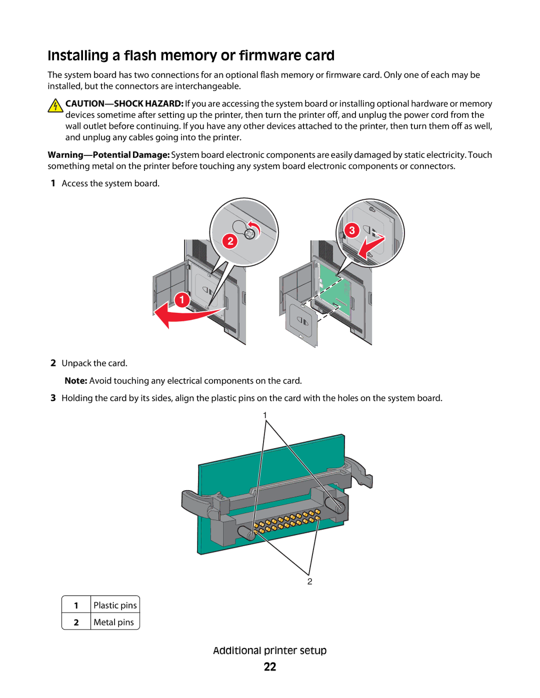 Lexmark 30G0210, 30G2127, 30G0108, 30G0200, 30G2259, 30G0100, 30G0213, 30G0300, 650dtn Installing a flash memory or firmware card 