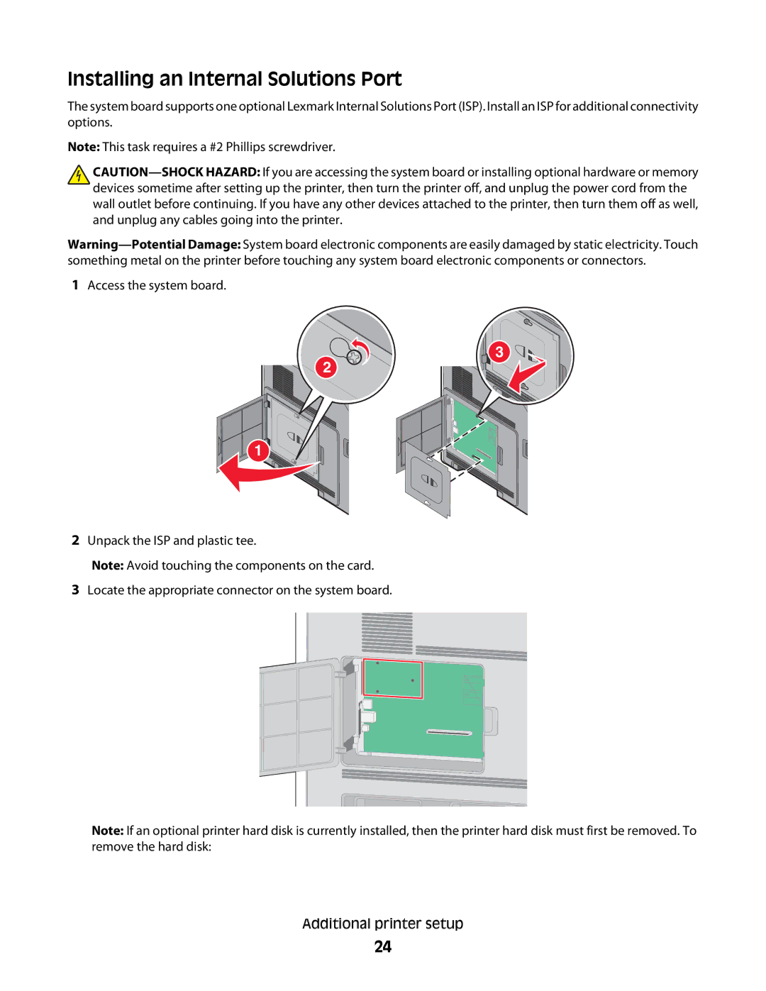 Lexmark 30G2259, 30G2127, 30G0108, 30G0210, 30G0200, 30G0100, 30G0213, 30G0300, 30G2000 Installing an Internal Solutions Port 