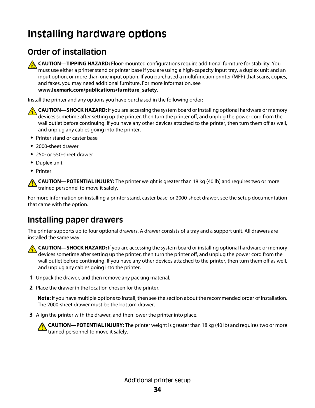 Lexmark 652dn, 30G2127, 30G0108, 30G0210, 650dtn Installing hardware options, Order of installation, Installing paper drawers 