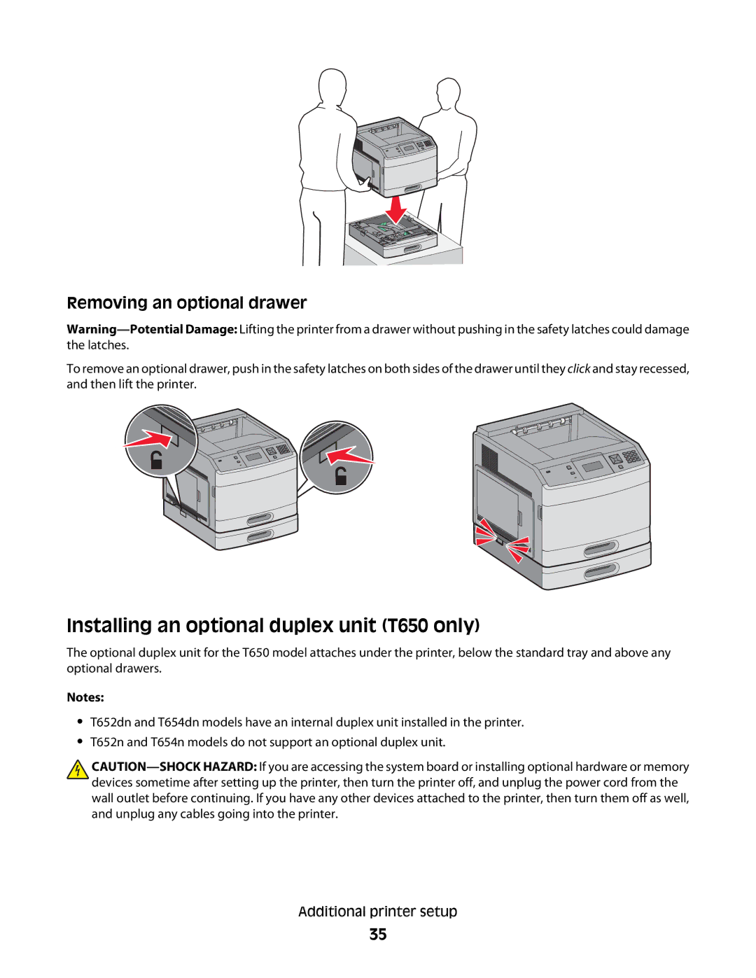 Lexmark 654n, 30G2127, 30G0108, 30G0210, 30G0200 Installing an optional duplex unit T650 only, Removing an optional drawer 