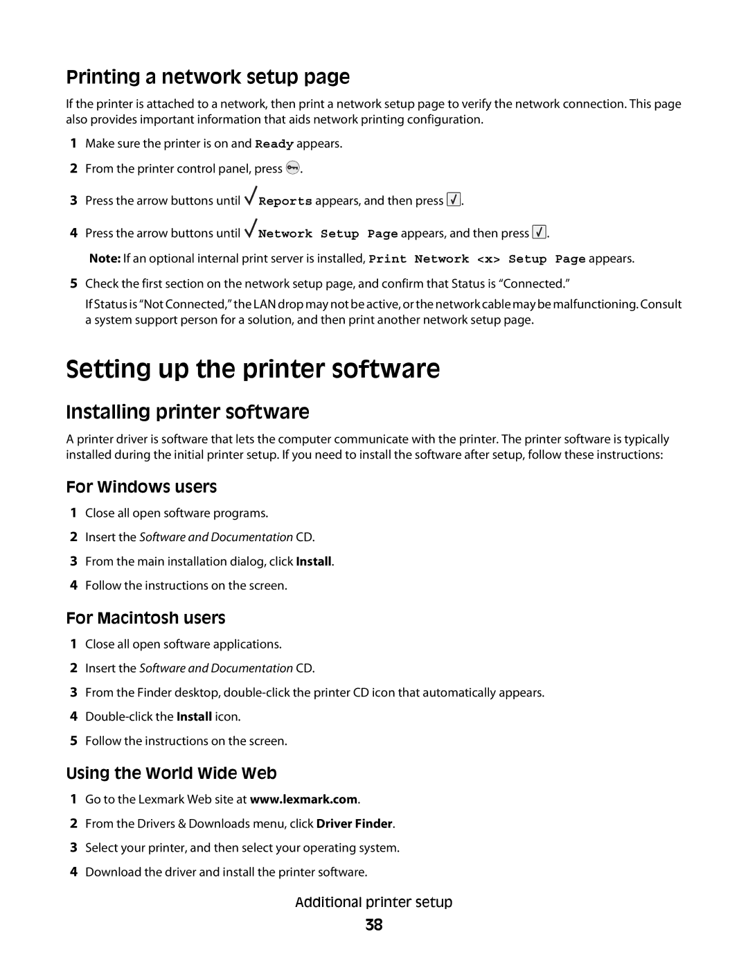 Lexmark T654, 30G2127, 30G0108, 654dn Setting up the printer software, Printing a network setup, Installing printer software 