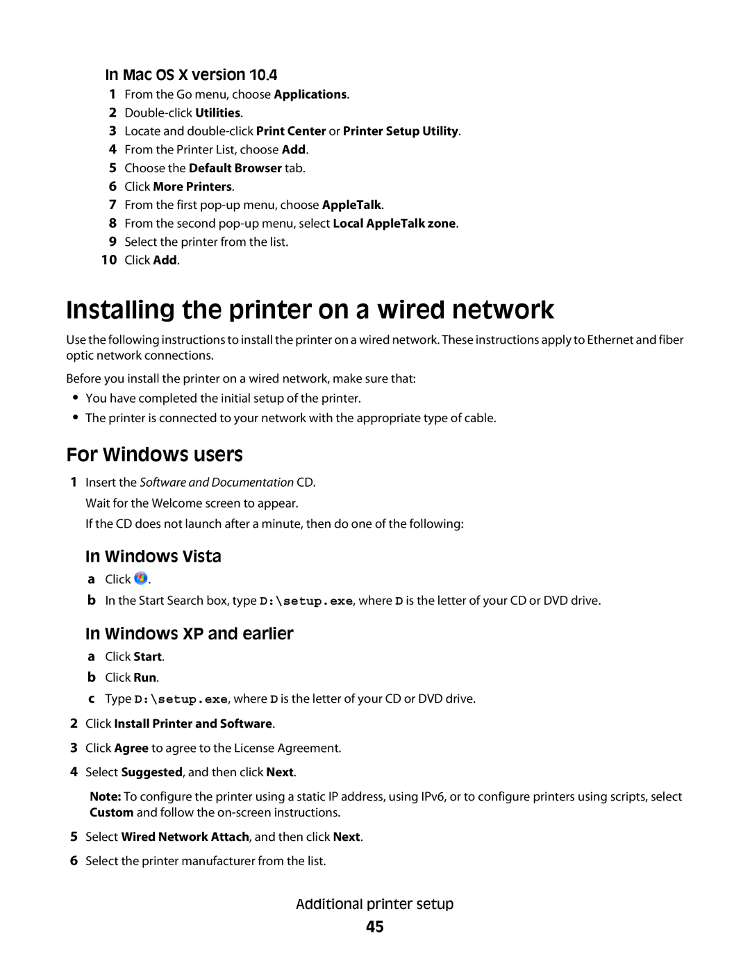 Lexmark 30G0100, 654dn Installing the printer on a wired network, For Windows users, Windows Vista, Windows XP and earlier 