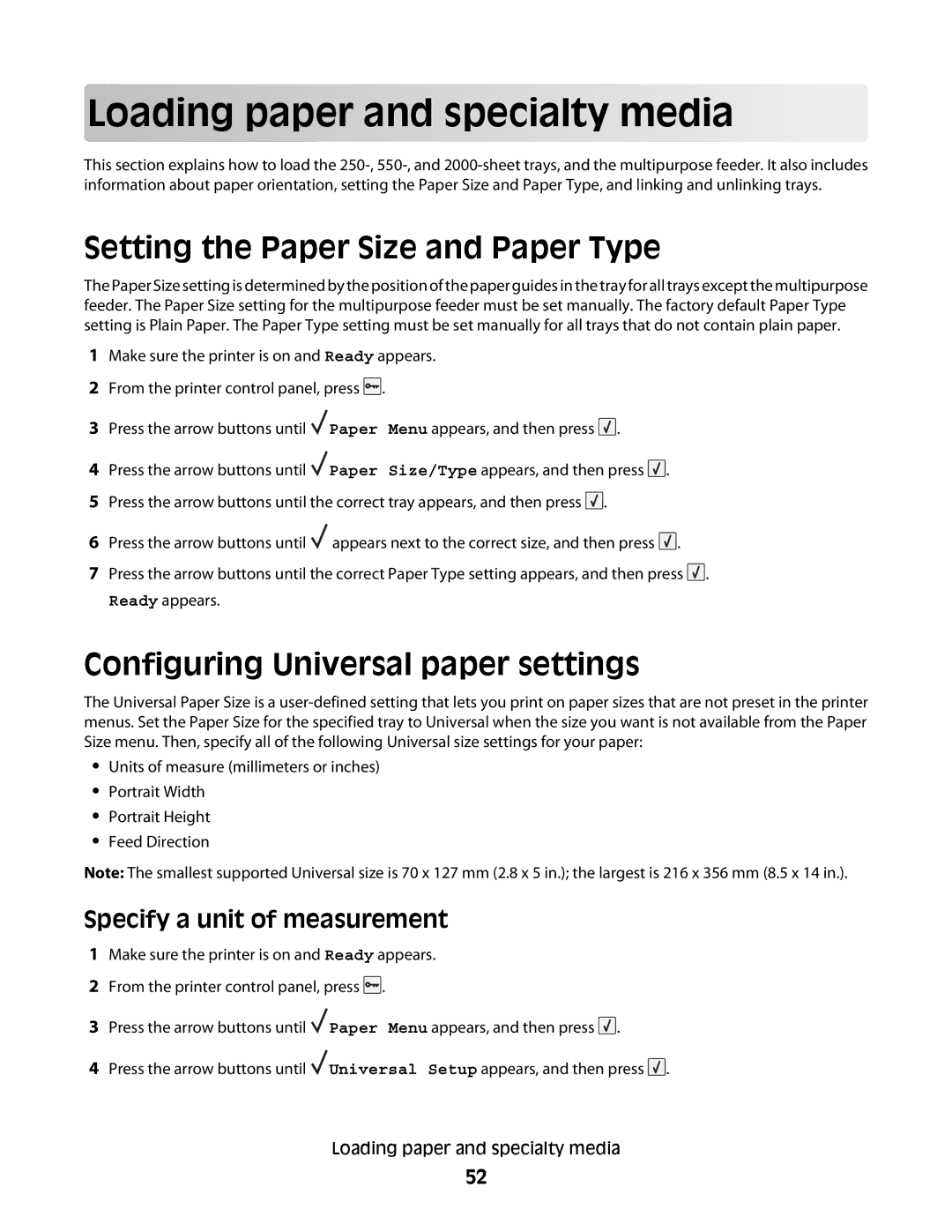 Lexmark 654dn, 30G2127, 30G0108, 30G0210 Load in g pape r a nd s p ecialty med ia, Setting the Paper Size and Paper Type 