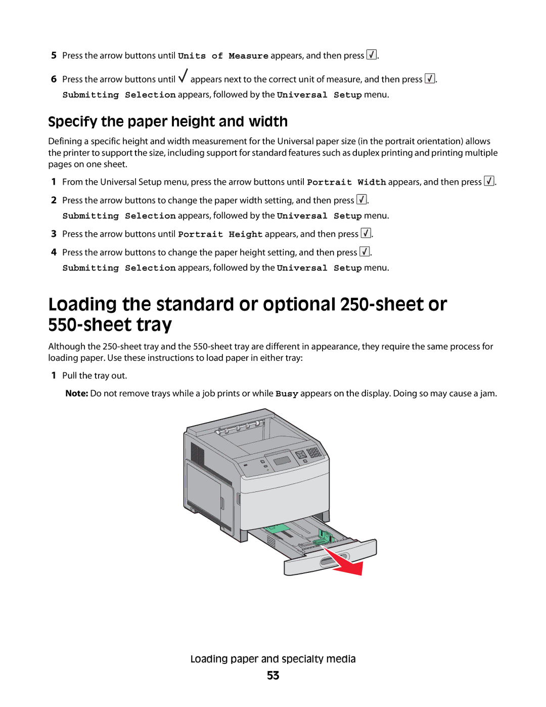 Lexmark 652n, 30G2127 Loading the standard or optional 250-sheet or 550-sheet tray, Specify the paper height and width 