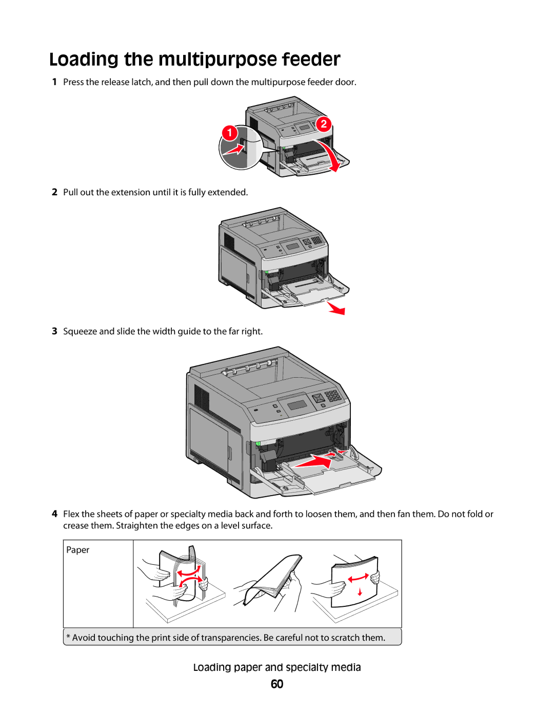 Lexmark 30G2127, 30G0108, 30G0210, 30G0200, 30G2259, 30G0100, 30G0213, 30G0300, 30G2000, 30G0310 Loading the multipurpose feeder 